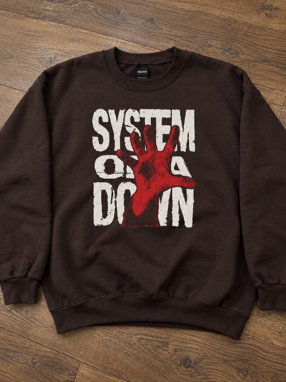 Gildan Brown Crewneck Sweatshirt with Red Graphic and White Text